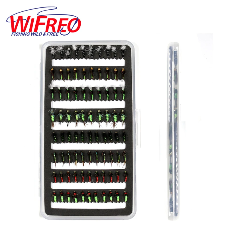 Wifreo 84 шт. Ассорти Нимфа мух комбо набор форель Рыбалка муха с ультра тонкий fly Рыбалка Карманный ящик Размер 14