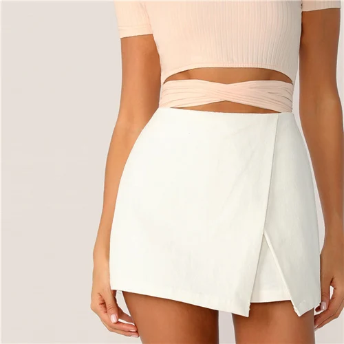 SHEIN цельная юбка-шорты с молнией сзади белые шорты весна лето осень элегантные женские шорты со средней талией - Цвет: Слоновая кость