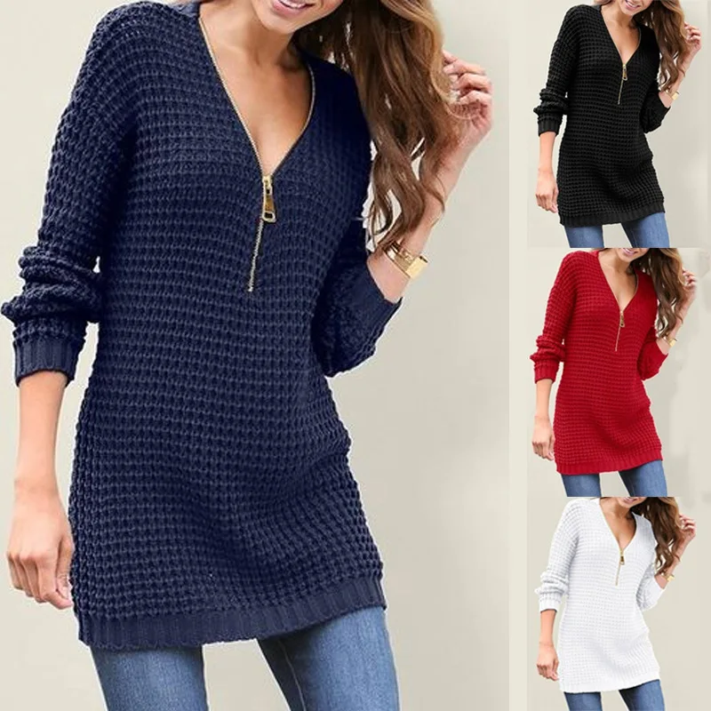 Autumn Women Sweaters 2018 V-neck Long-sleeved Tops Female Winter Knitted Jumpers Sexy Ladies Zipper Sweater Dress 2XL | Женская одежда