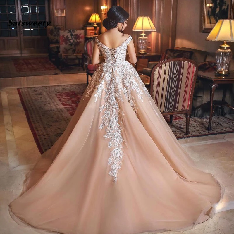Elegant Lace Ball Gown Evening Dress Off The Shoulder Appliques Tulle Satin Saudi Arabic Prom Gowns Formal Party Dresses | Свадьбы и