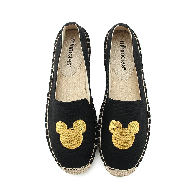 black and gold Minmclas/Летние эспадрильи с вышивкой; удобные женские повседневные эспадрильи; дышащая льняная парусиновая обувь для девочек - Цвет: black and gold