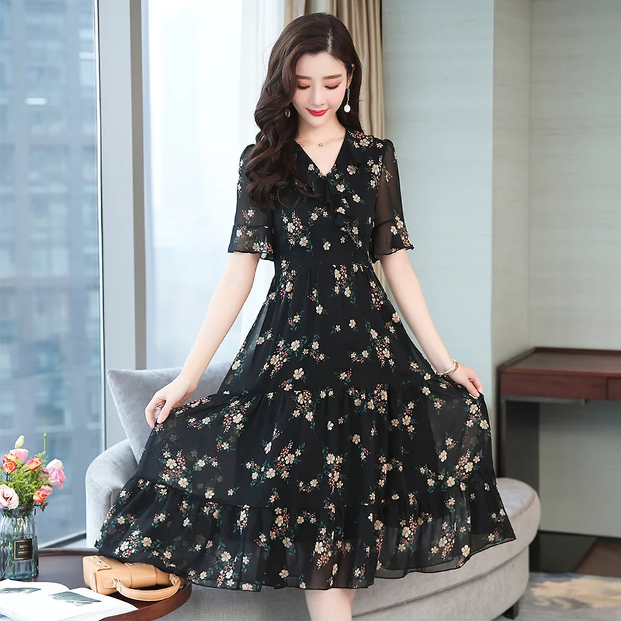2019 корейский винтаж S 5XL плюс размер Boho корейское платье миди лето черный