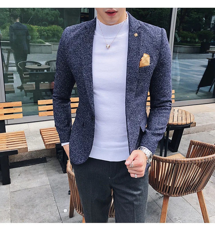 Мужской твидовый Блейзер осень зима блейзер masculino slim fit повседневные мужские спортивные пиджаки hombre invierno ho Мужской Блейзер черный синий коричневый