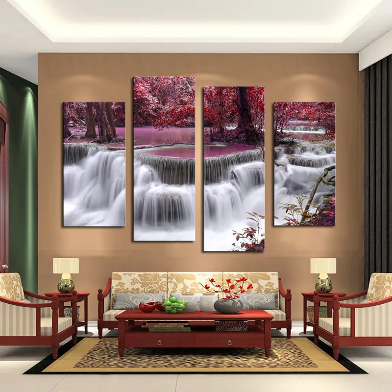 

4 Panel Sets Beautiful Waterfall Landscape Painting Flowers Modern Pictures On Canvas Artwork Print Customized Picture