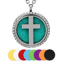 bofee 30mm silver cross aromatherapy necklace stainless steel essential oil diffuser locket necklace pendant crystals jewelry