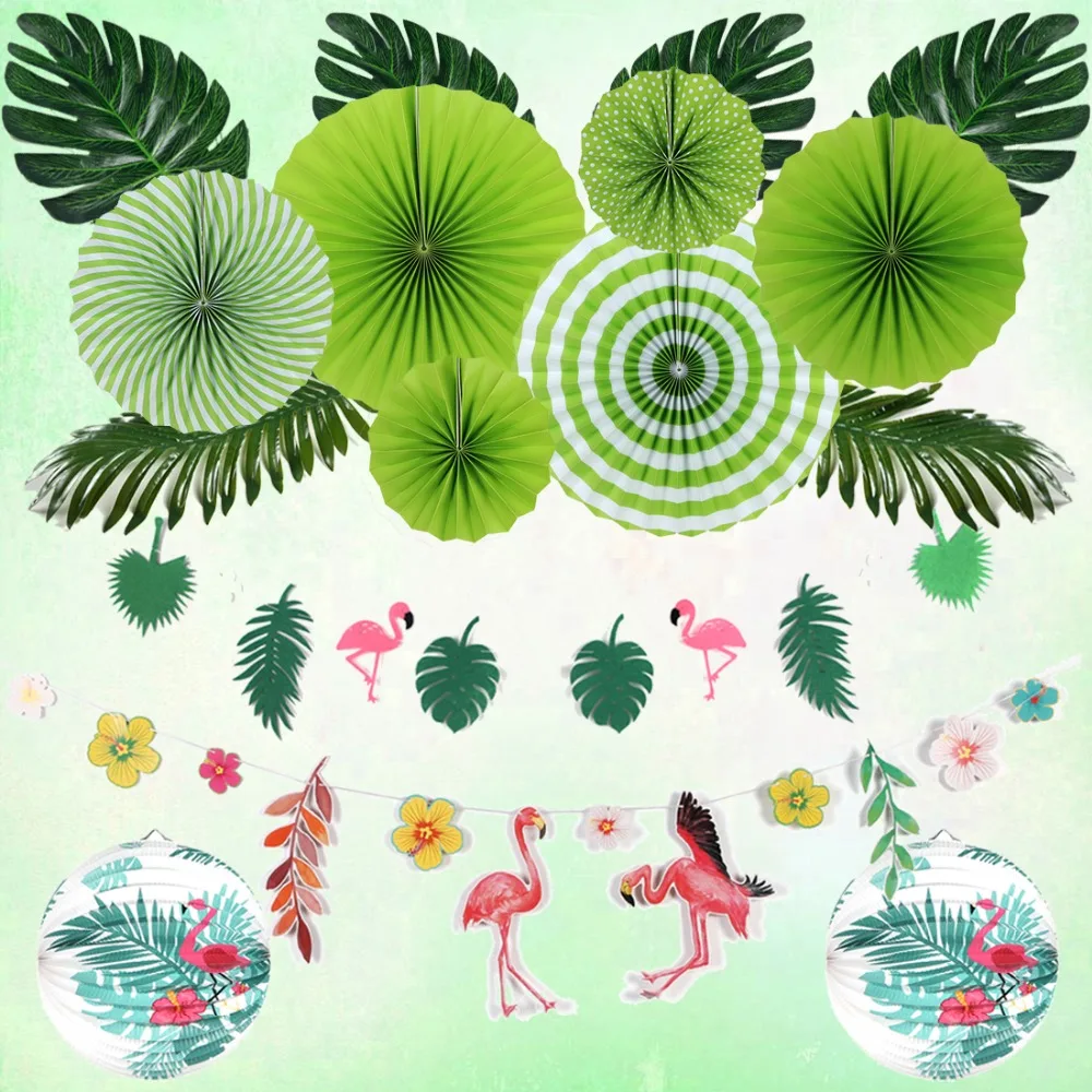 

Summer Flamingo Party Decoration Set Tropical Leaves Birthday Hawaiian Luau Jungle Lanterns Green Fans 1st Tropical Decor