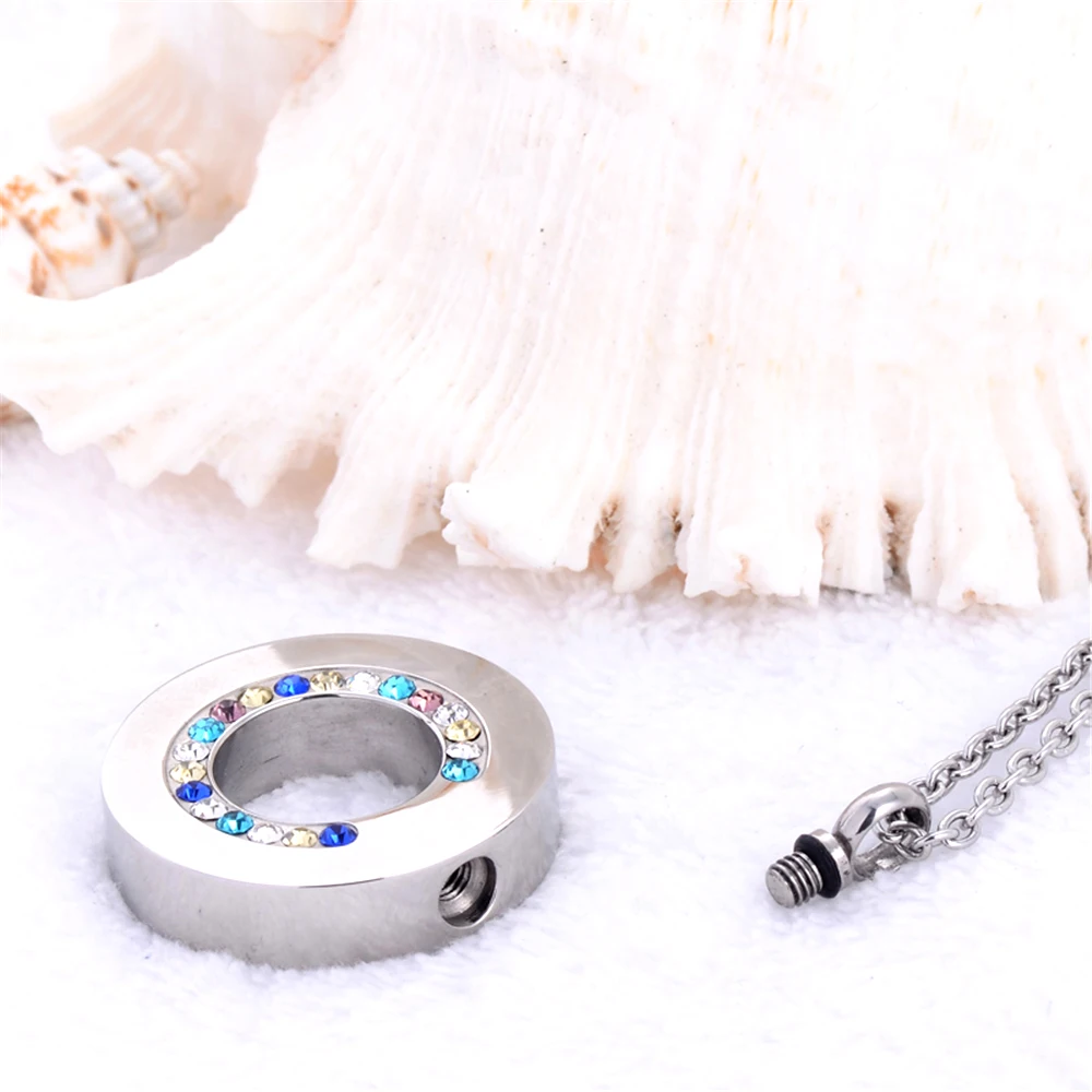 

Crystal Inlay Round Shape Cremation Urn Necklace Memorial Jewelry Stainless steel Ashes Holder Keepsake