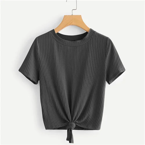 Серый SweatyRocks неоновая цветная футболка с узлом спереди, стильная модная эластичная футболка, летняя повседневная женская желтая футболка и топы - Цвет: Серый