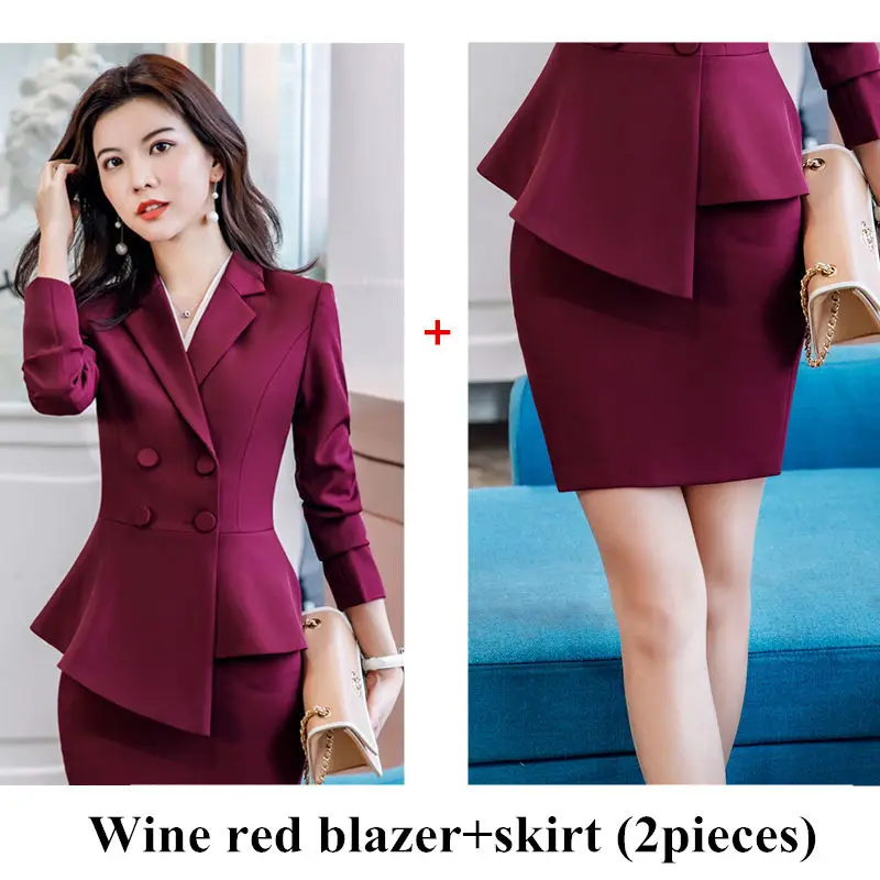 Fuchsia blazer skirt Женский красный Блейзер, тонкий, весна-осень, элегантный женский офисный жакет, костюм для работы с рюшами, двубортный Блейзер, однотонный, Dushicolorful - Цвет: Fuchsia blazer skirt