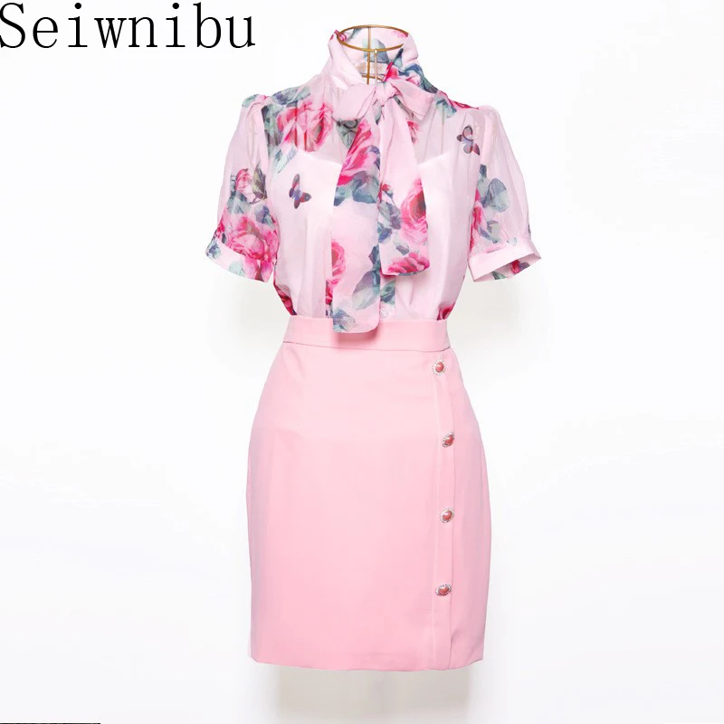 Женский модельный костюм рубашка с принтом роз и бантом + юбка жемчужными