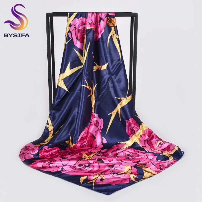 [BYSIFA] Grey Gold Silk Scarf Shawl Women Elegant Muslim Hijab New Brand Fall Winter Roses Design Head Cape 90*90cm |