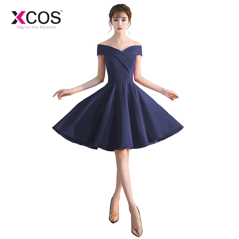 Navy Blue Новые платья для выпускного вечера Красное Атласное Короткое мини-выпускное платье с открытыми плечами дешево - Цвет: Navy Blue