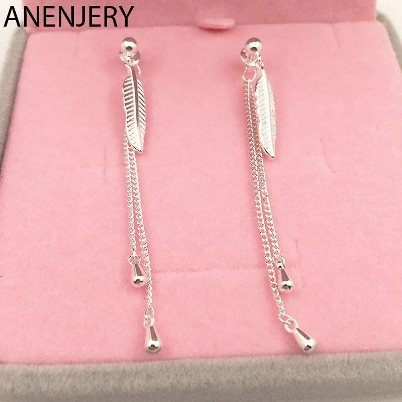 ANENJERY, 925 пробы, серебряные серьги, перья, листья, длинная цепочка, серьги с кисточками для женщин, девушек, подарок, S-E867