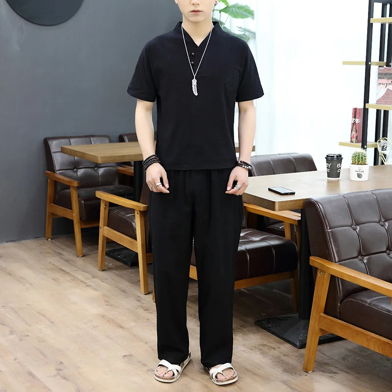 Мужская льняная футболка с вышивкой и V образным вырезом|Мужские футболки| |