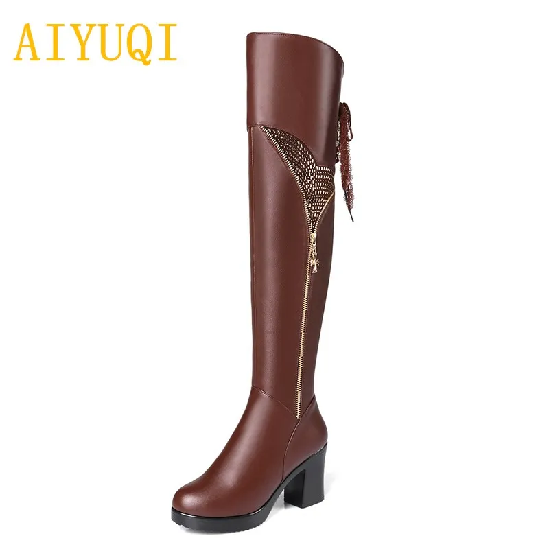 brown AIYUQI/Новинка года; сезон осень-зима; женские мотоботы из натуральной кожи. Модные сапоги до колена на высоком каблуке. Дамская обувь - Цвет: brown