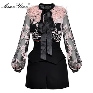 MoaaYina Весна Для женщин костюм воротник-бант перо фонарь рукав сетки See through вышивки Винтаж блузка + шорты два-Костюм из нескольких предметов
