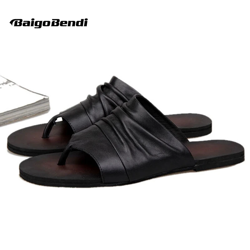 US-6-10 Men's Vintage Genuine Leather Casual Flip Flop Slippers Mature Man Beach Summer Outdoor Slides Shoes