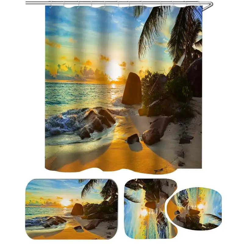 4pcs Set Закат пляж полиэстер занавеска для душа Ванная комната Водонепроницаемый Коврики для ванной с 10 крючками пьедестал ковер крышка унитаза коврик для ванной комплект - Цвет: 4pcs Set