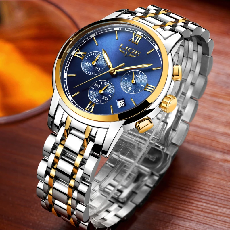 Часы наручные LIGE мужские с хронографом Брендовые спортивные водонепроницаемые