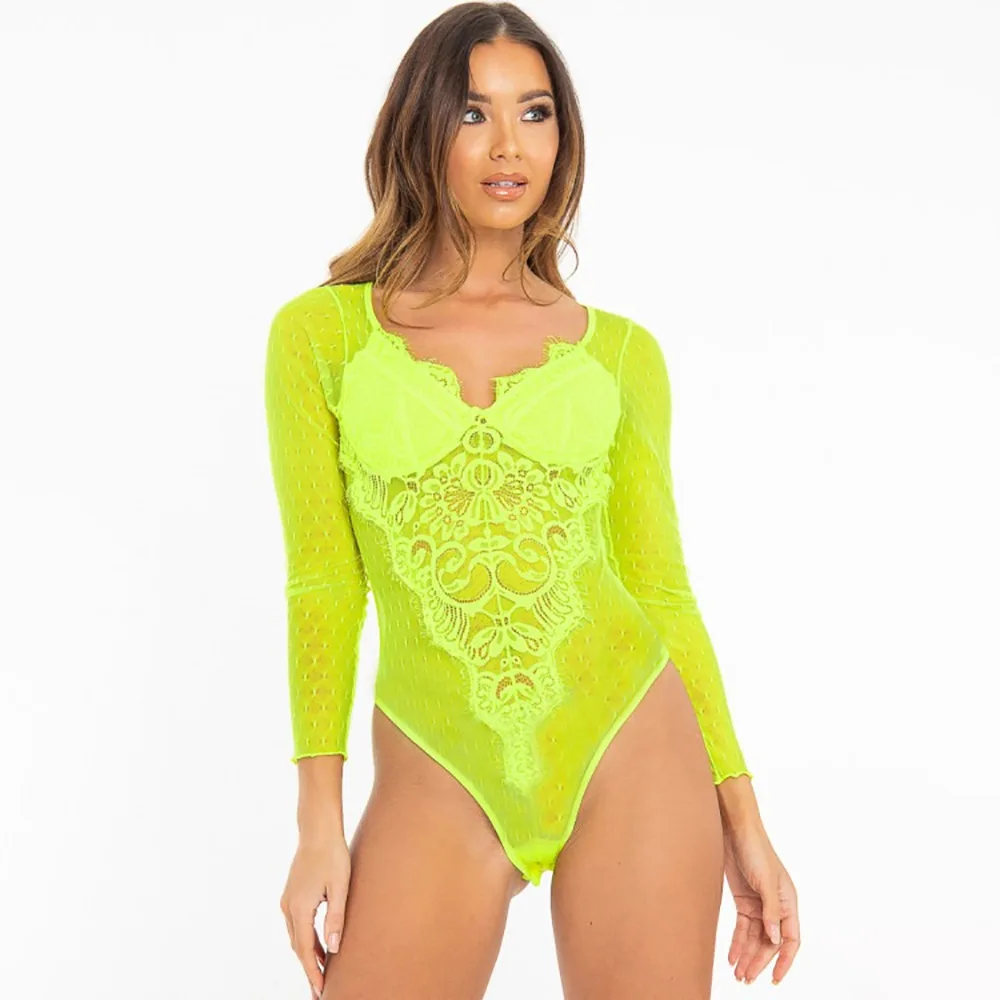 neon green Криптографический с длинным рукавом и v-образным вырезом, сетчатые прозрачные кружевные боди, сексуальный комбинезон с открытой спиной, женский комбинезон, боди, модные Клубные боди - Цвет: neon green