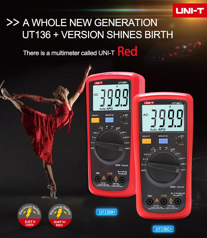 UNI-T UT136C+ цифровой мультиметр с автоматическим выключением переменного тока, постоянного тока, тока, Ом, Диодная крышка, Гц, мультиметр с тестовым диодом