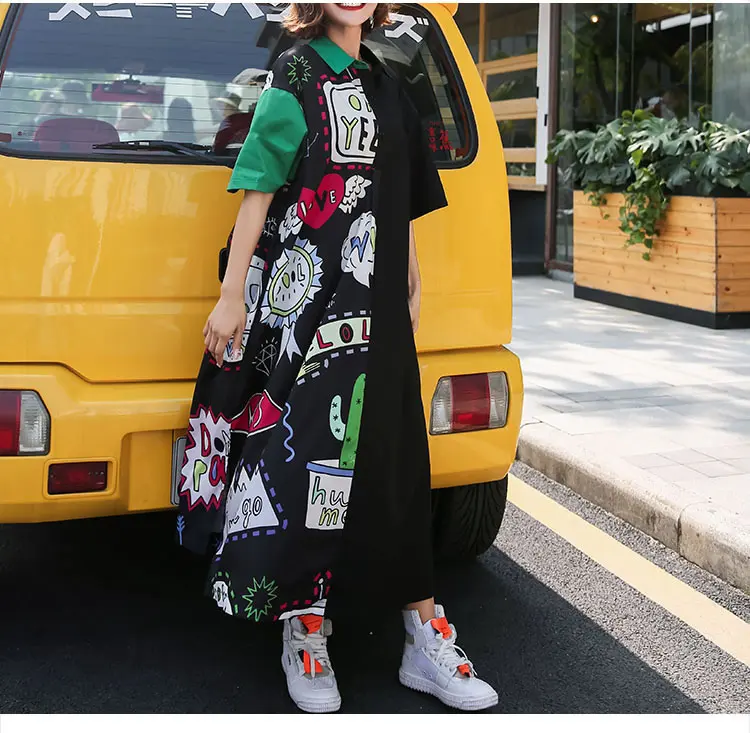 XITAO Plus Size Street Midi Dress Women Korea Fashion Turn Down Collar Patchwork Print Pattern Cardigans New WBB4449