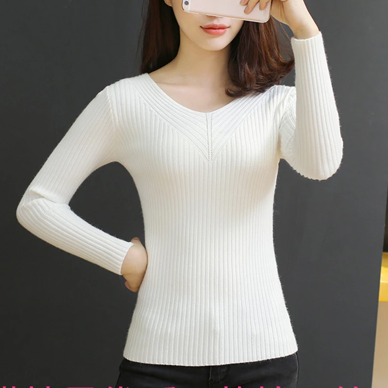 Elasticity Soft Women Sweater Autumn Pullovers Knitted Sweaters V Neck Sexy Slim Knit Coat Female Blouse Winter Knitwear | Женская