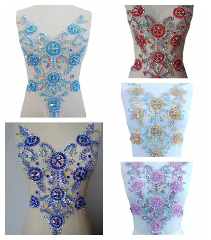 

Multi-colored Sew on rhinestones applique on mesh handmade crystals/beads/gem stones patches for dress cloth 45*35cm
