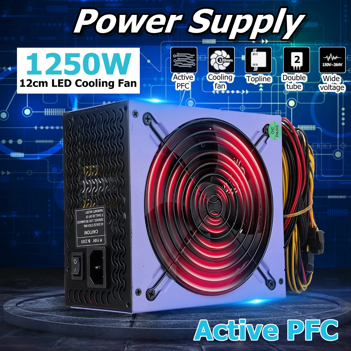 1250 Вт блок питания 120 мм светодиодный вентилятор 24 Pin PFC PCI SATA ATX AMD PFC 12V компьютерный блок питания для настольных ПК