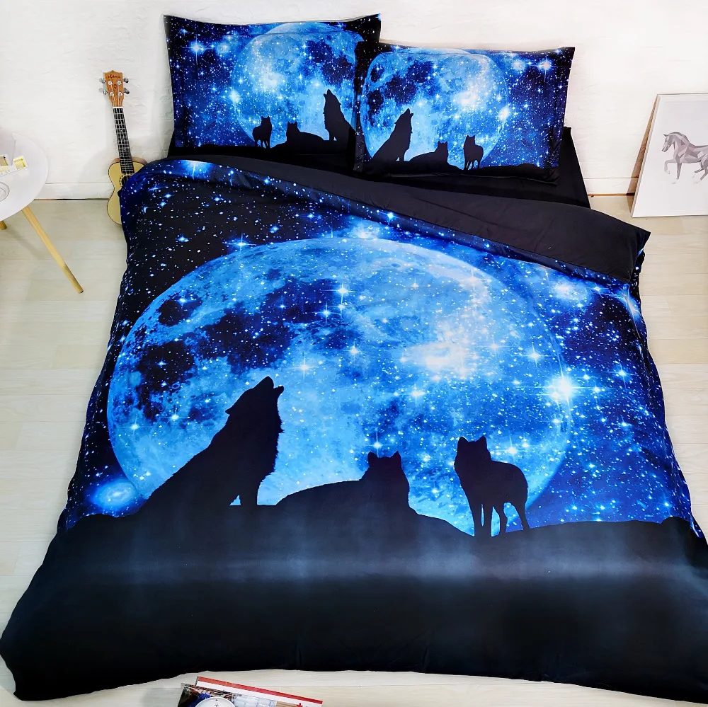 3pcs Dark Blue and Black Galaxy wolves print duvet cover + pillowcase set 3d Animal Bedding Sets Wolf Quilt Covers - купить по