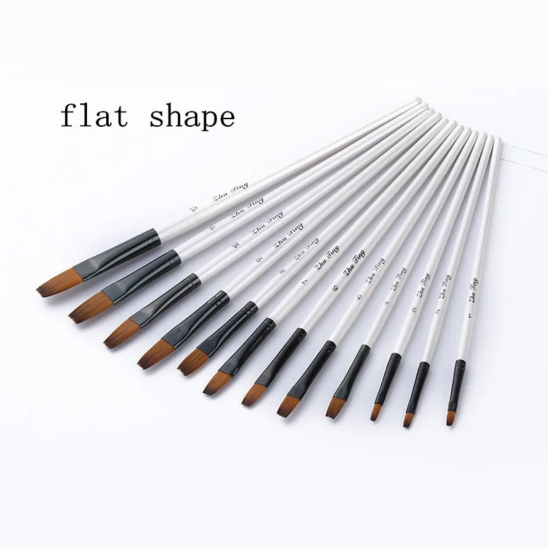 white 12 flat shape 12 24 шт. нейлоновые волосы деревянная ручка Акварельная кисть для рисования, ручка Набор для обучения масляная Акриловая картина художественные Кисти - Цвет: white 12 flat shape