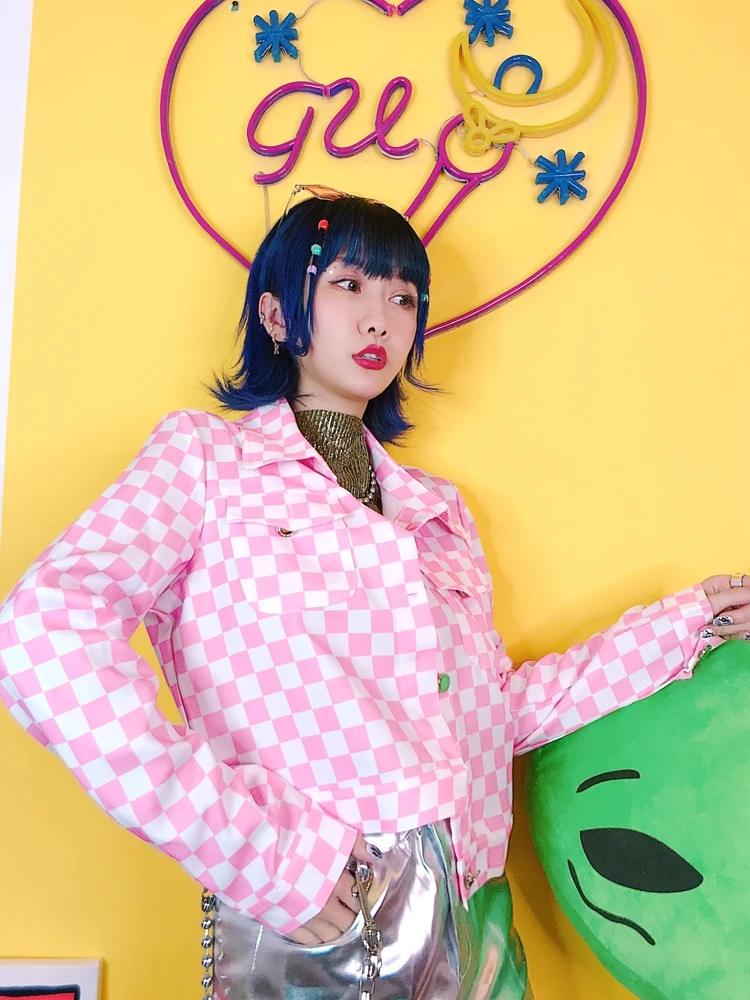 Harajuku ветер решетки девушка сердце розовый Короткие издание лацкан рано Новинка