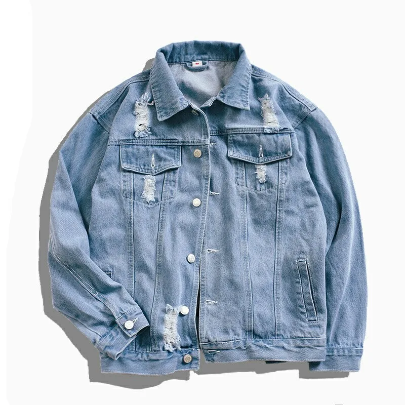 

ABOORUN Men's Hip Hop Denim Jacket Funny Dog Printed Broken Hole Jean Jacket Spring Autumn Streetwear Coat for Couples YC1175