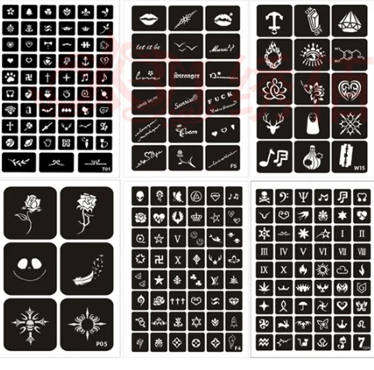 198 шт./компл. трафарет для аэрографа многоразовые хны Трафареты Роуз письма с блестящим декором в виде сердец татуировки sjablonen боди-арт татуировки Принтер