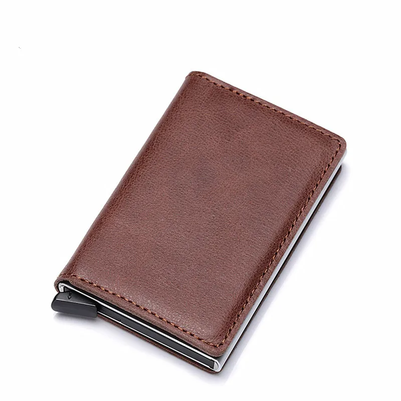 

YAMBUTO 2021 Vintage Genuine Leather Antitheft Men Women Credit Card Holder Blocking Rfid Card Wallet Aluminum Metal Purse