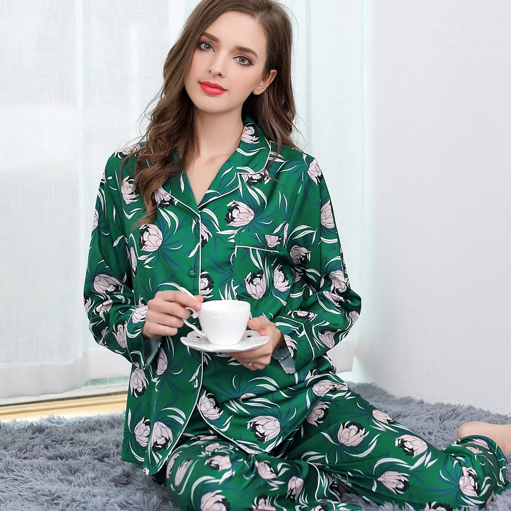 women silk pajama sets 2019 new brand fashion summer full length green flower printed silk fashion pajamas female sleepwears