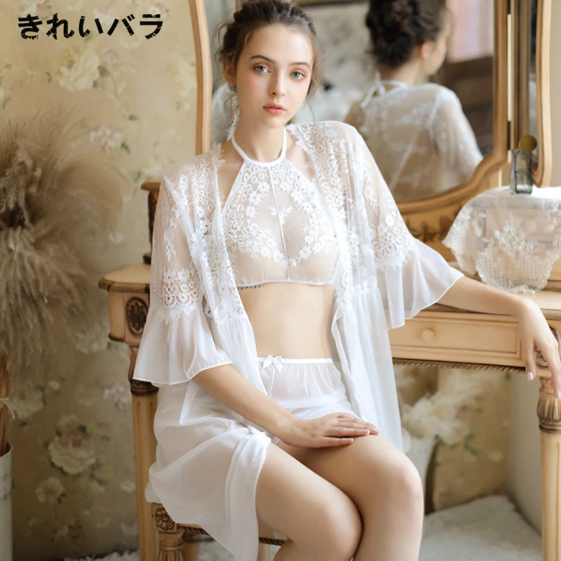 Летняя тонкая пикантная кружевная женская пижама-тройка халат обтягивающие