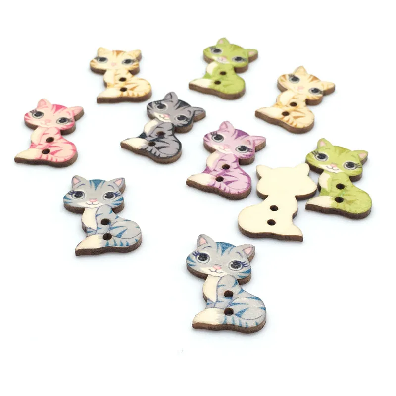 50 шт. Случайных Смешанных декоративных кнопок милые кошки 2 отверстия деревянные