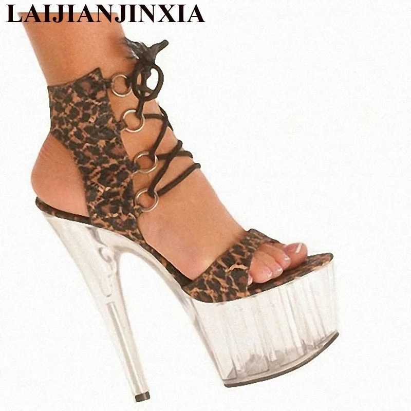 

LAIJIANJINXIA Fashion Women's Shoes 15CM Super-High Heels Leopard Nightclubs Princess Crystal Shoes High-Heeled Sandals K-008