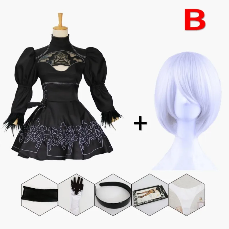 Costume and Wig Nier Automatas 2B Сестра Косплей Костюм Йорга Нил Механическая Эра актриса аниме Хэллоуин Девушки вечерние черное платье горничной - Цвет: Costume and Wig