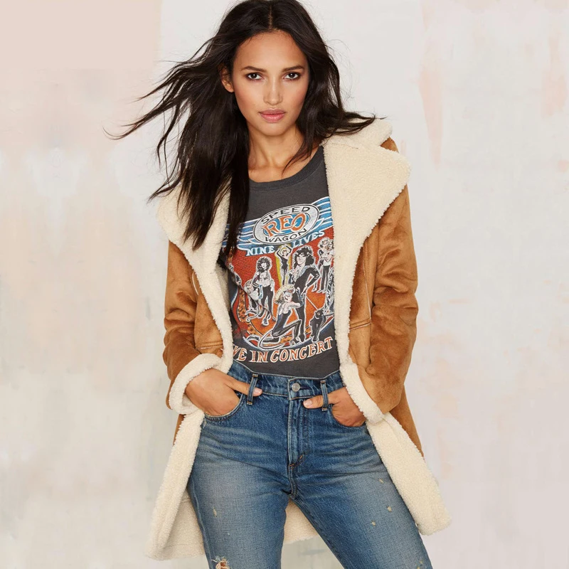 Женское зимнее флисовое теплое пальто с отложным воротником и длинными рукавами