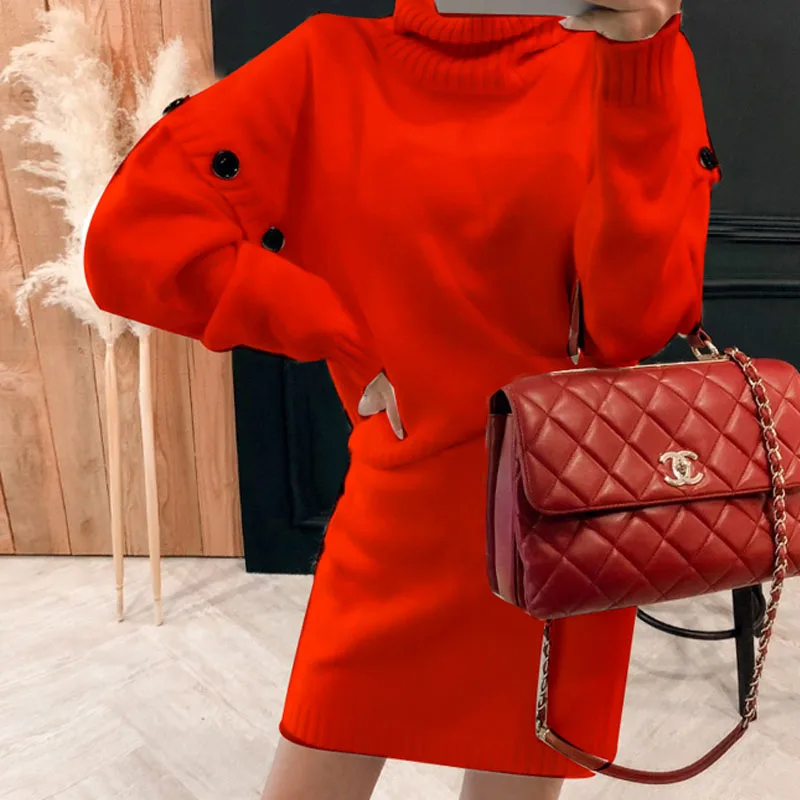HAMALIEL Turtlenek/Зимний женский вязаный комплект из 2 предметов 2018 красный Свободный