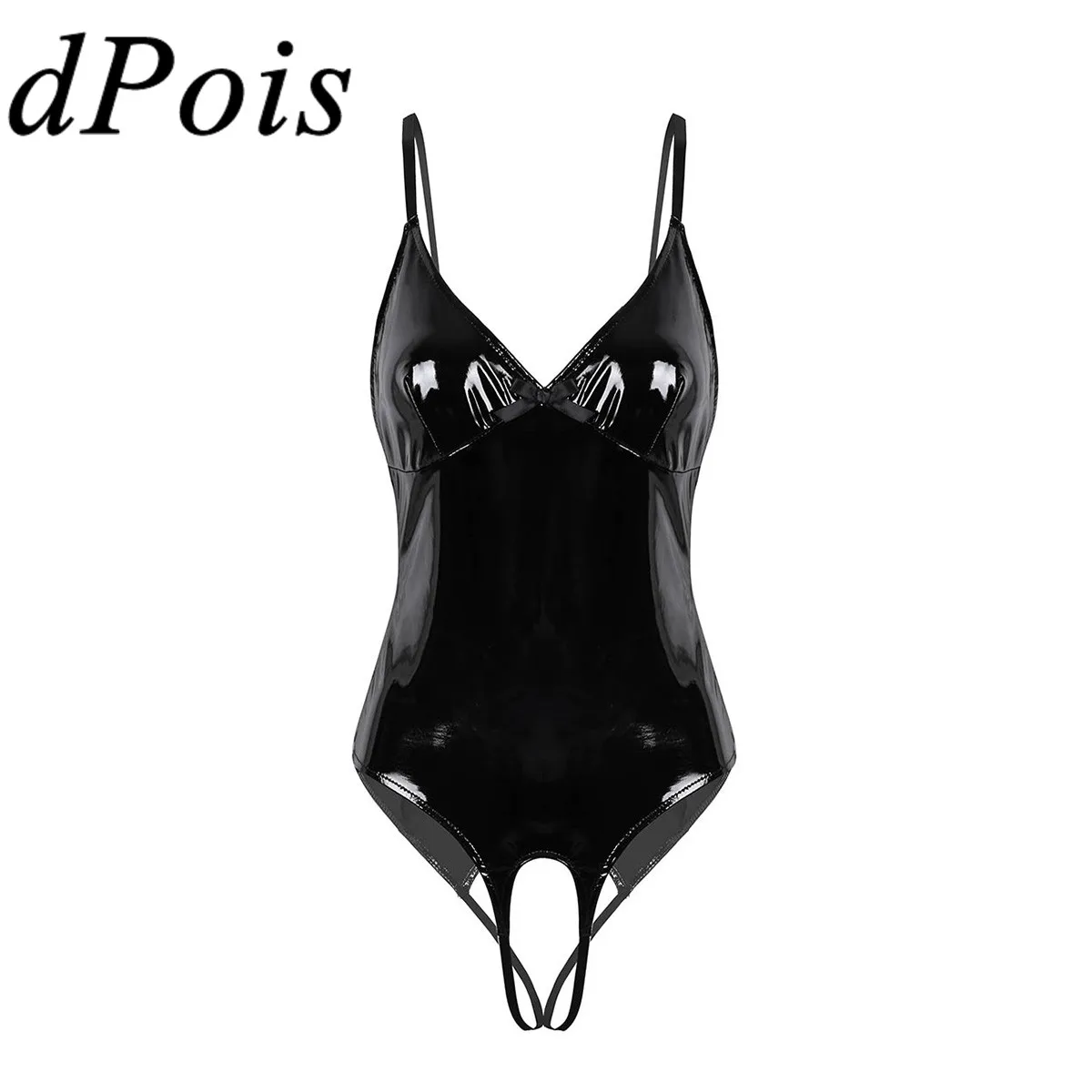 

Sexy Lady Wet Look Black Patent Leather Latex Catsuit Exotic Lingerie Bodysuit Women Open Crotch Romper High Cut Thong Leotard