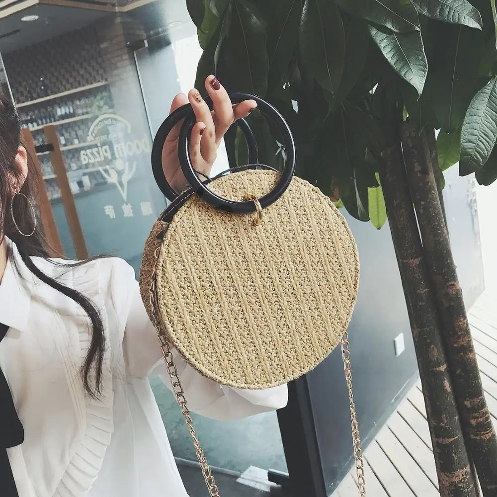 2019 Женская винтажная круглая плетеная соломенная тканая сумка из ротанга сумки