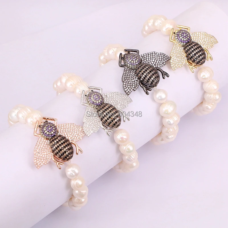 5 Strand ZYZ182-8512 Высокое качество Природные пресной воды жемчужные бусы с проложили CZ насекомых Шарм стрейч Браслеты