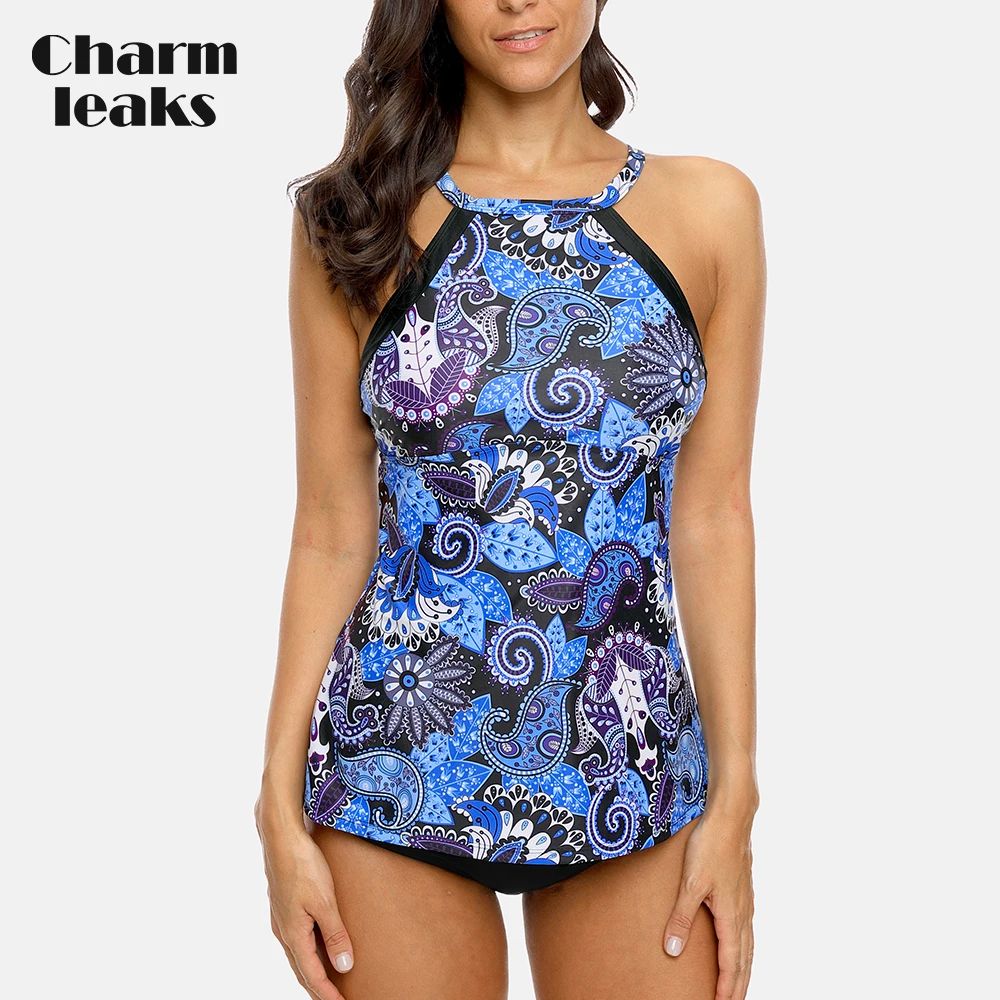 

Charmleaks Womens Tankini Set Vintage Floral Print Swimwear High Neck Swimsuit Adjustable Stripe Bikini Bathing Suit