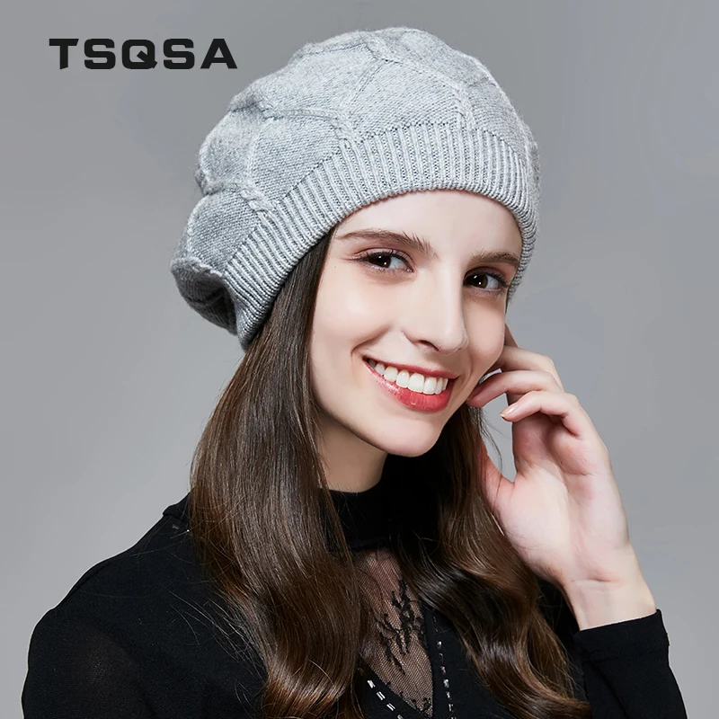 TSQSA Зимняя Теплая Шапка Для Женщин Шерстяная Вязаная Мода Твердые Шапочки