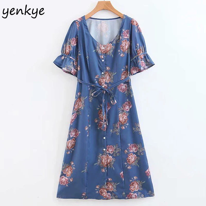2019 Women Vintage Floral Print Holiday Summer Dress Lady V Neck Butterfly Sleeve A-line Midi Casual SDP6085 | Женская одежда