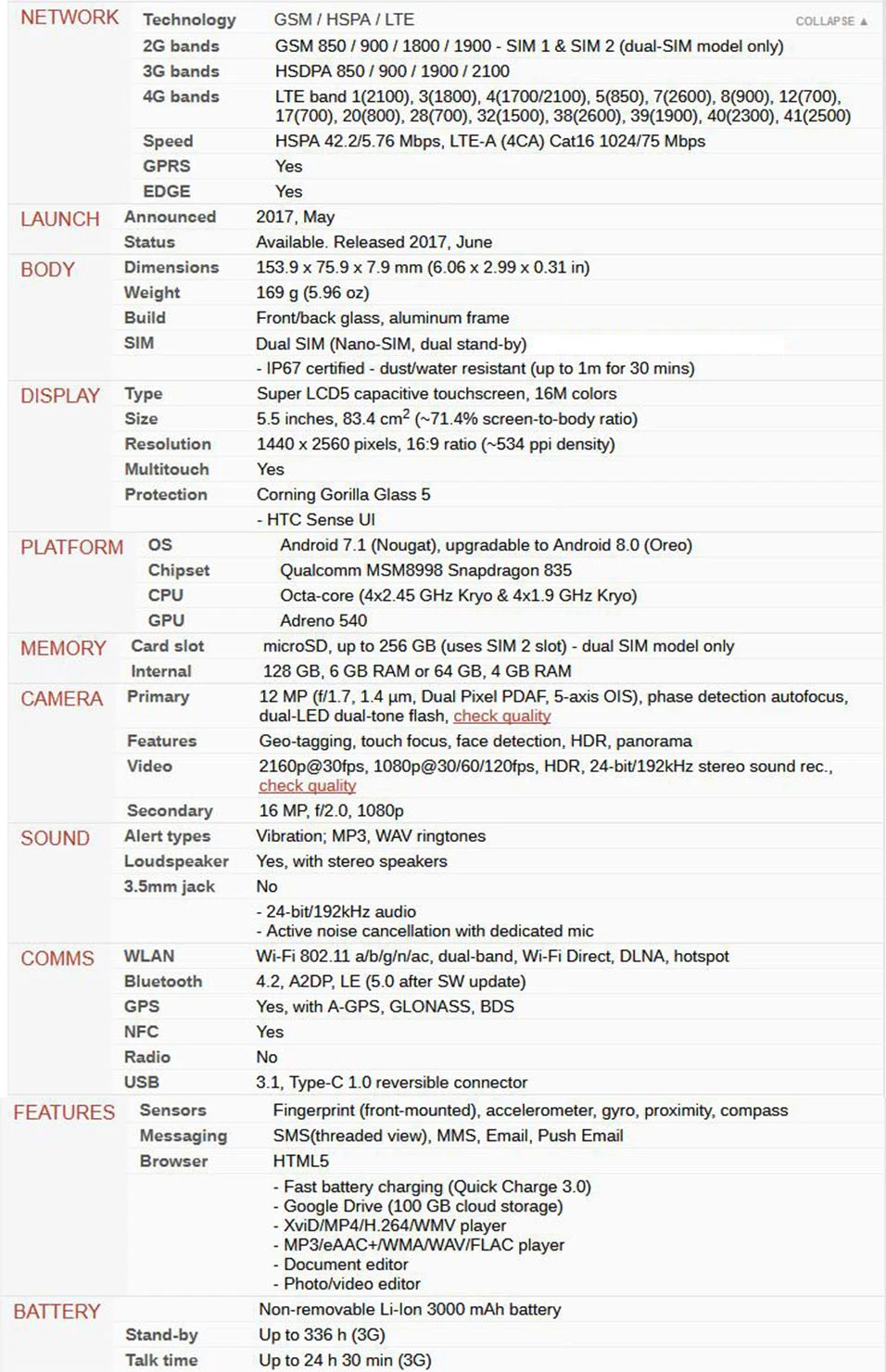 Мобильный телефон htc U11, 4G LTE, 6 ГБ ОЗУ, 128 Гб ПЗУ, восьмиядерный смартфон Snapdragon 835, 5,5 дюйма, 2560x1440 P, IP67, Android