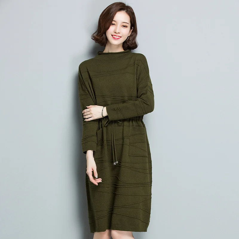 Женское трикотажное платье свитер с длинным рукавом и поясом|sweater dress|dress qualityknitted